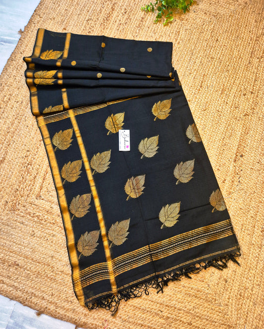 Cotton Galleria | Black Premium Jamdani Weave Handwoven Pure Silk by Pure Cotton Saree