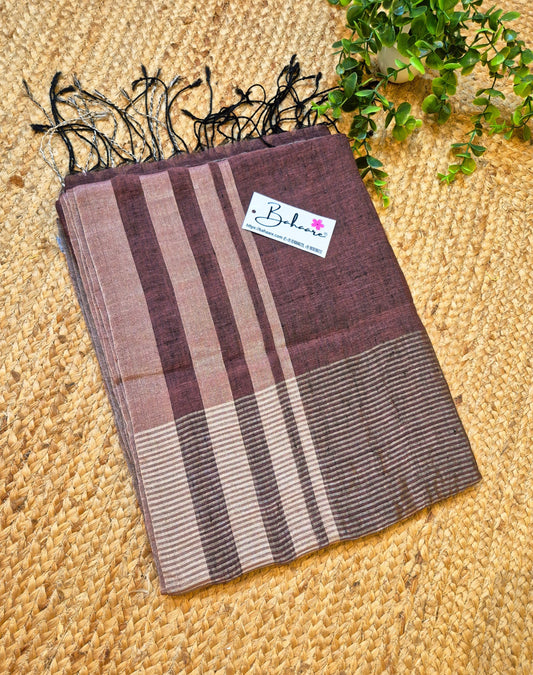 Woodland Whispers | Coffee Brown Jayshree Linen Saree with Silver Skirt Border
