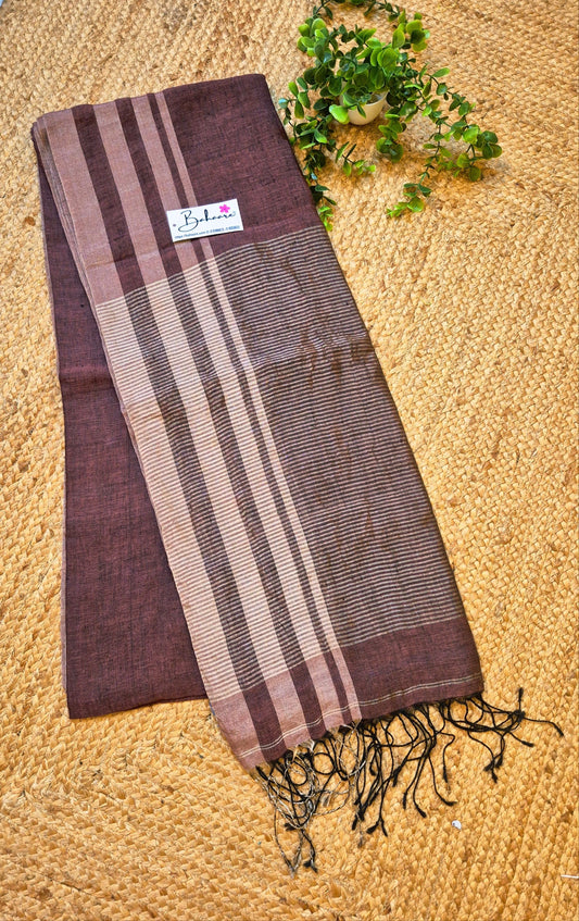Woodland Whispers | Coffee Brown Jayshree Linen Saree with Silver Skirt Border