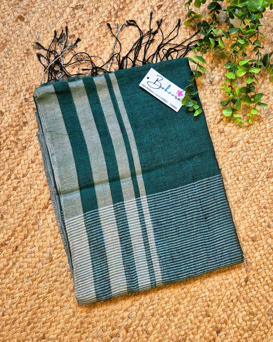Woodland Whispers | Pine Green Jayshree Linen Saree with Silver Skirt Border