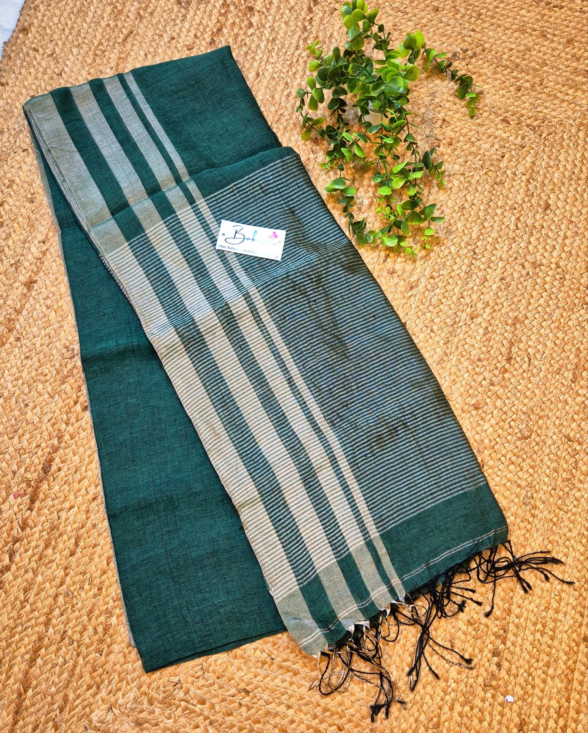 Woodland Whispers | Pine Green Jayshree Linen Saree with Silver Skirt Border