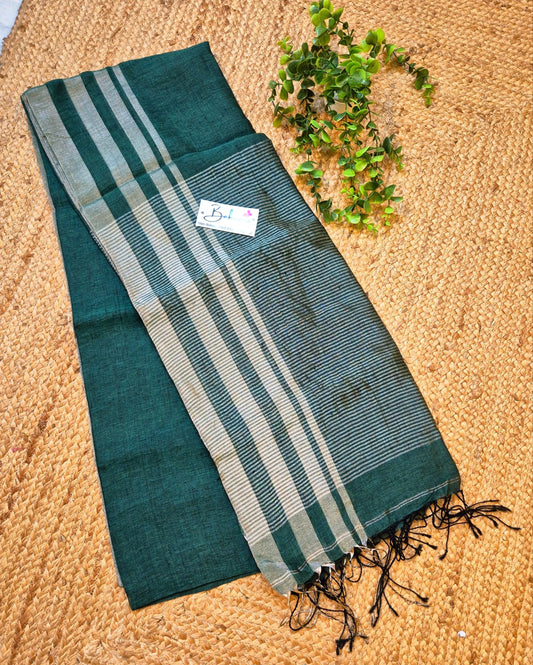 Woodland Whispers | Pine Green Jayshree Linen Saree with Silver Skirt Border