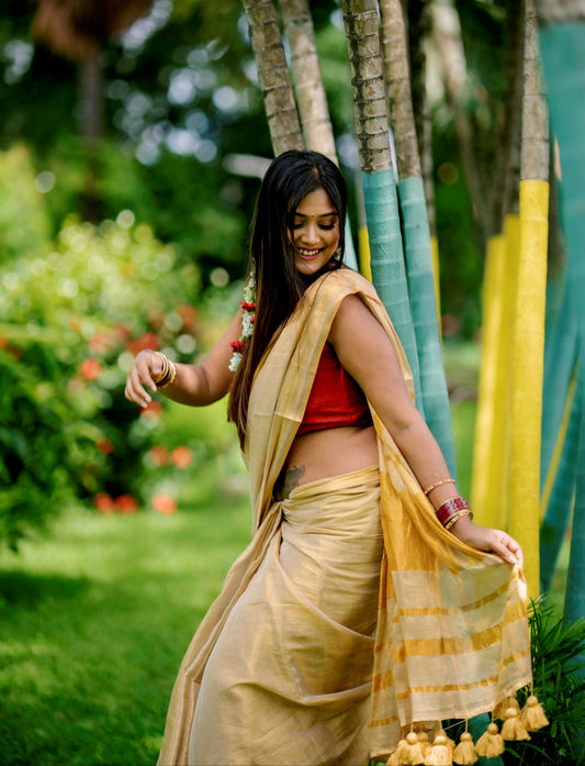 Megha | Golden Beige Grace Tissue Saree