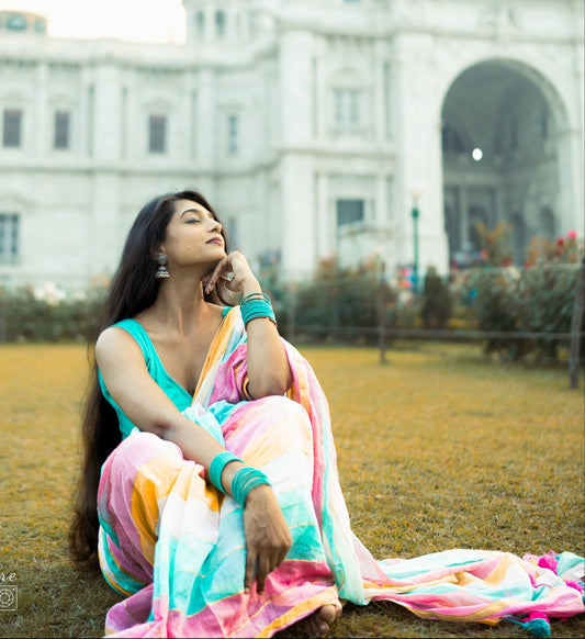 Mohini | Multicoloured Mul Mul Cotton Saree with Golden Tissue Border