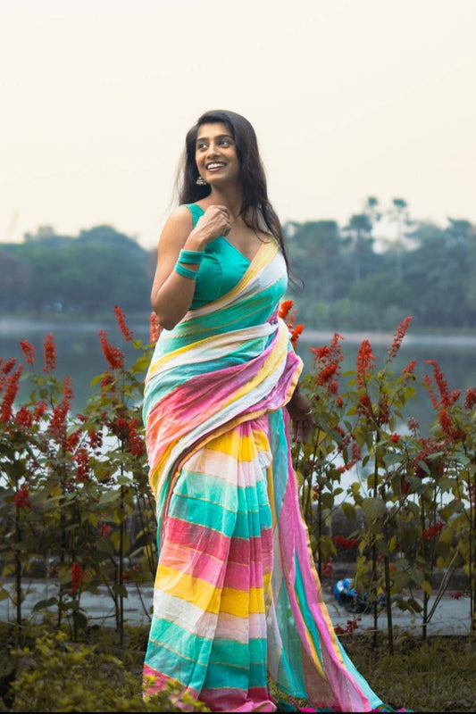 Mohini | Multicoloured Mul Mul Cotton Saree with Golden Tissue Border