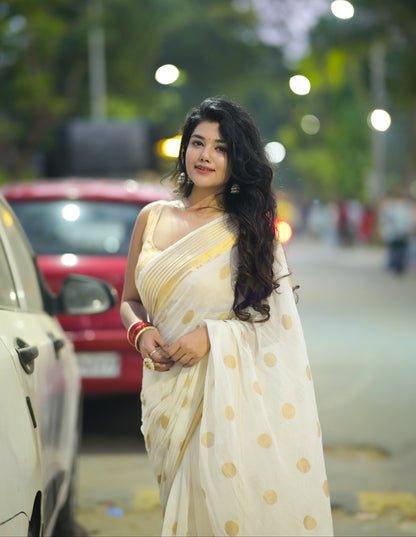 Polka Passion | Sandal Ivory Mul Mul Cotton Saree with Golden Polka Dots