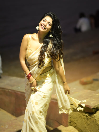 Polka Passion | Sandal Ivory Mul Mul Cotton Saree with Golden Polka Dots