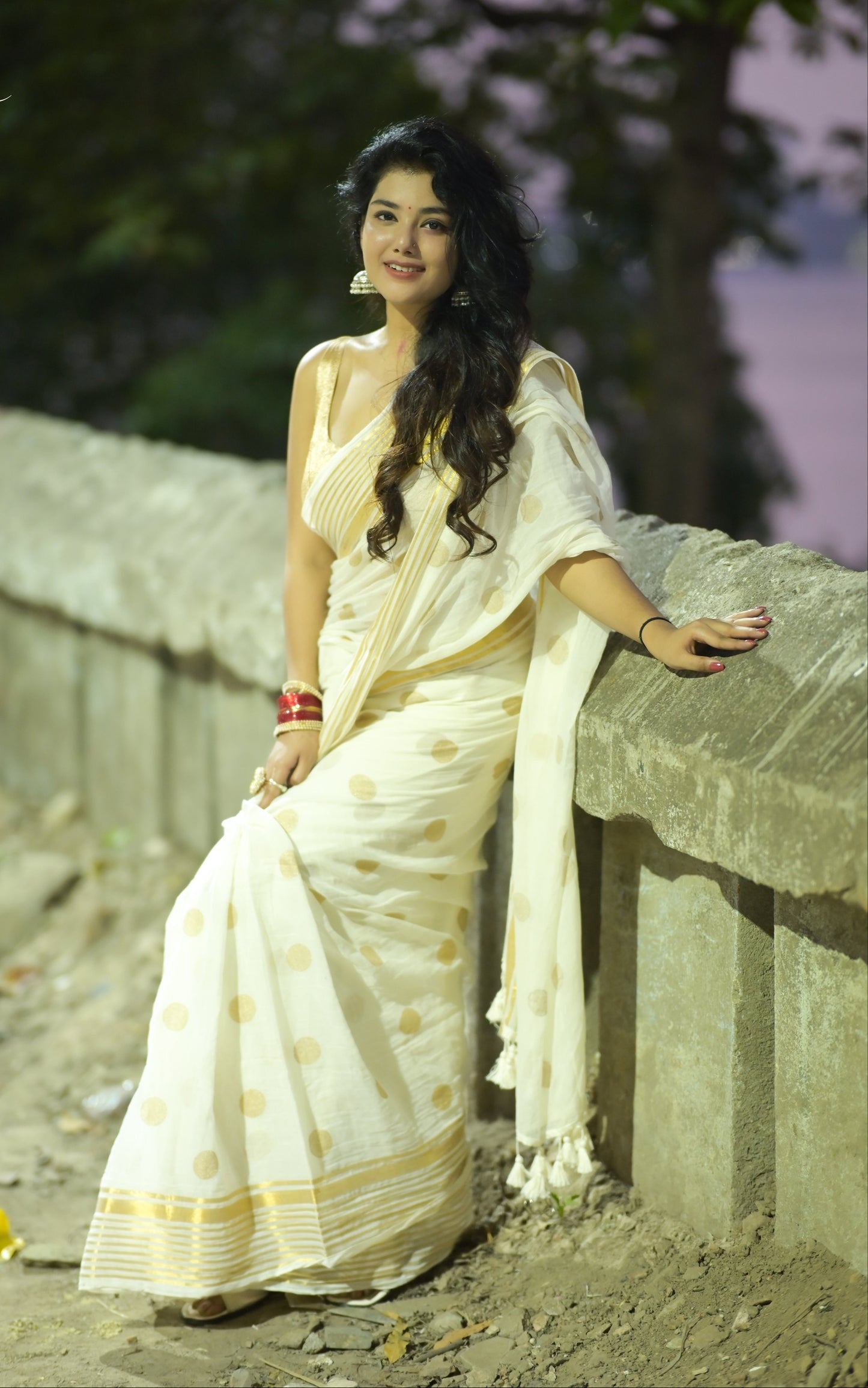 Polka Passion | Sandal Ivory Mul Mul Cotton Saree with Golden Polka Dots