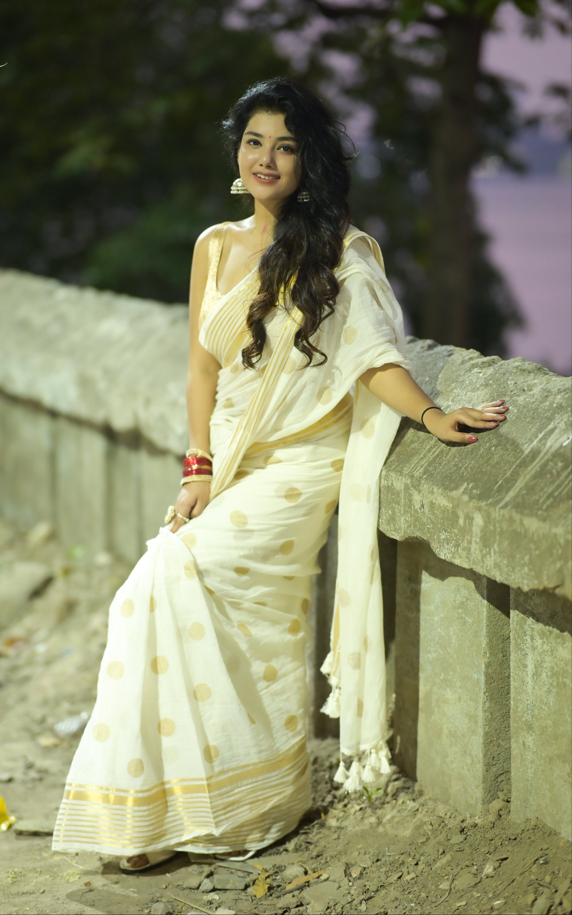 Polka Passion | Sandal Ivory Mul Mul Cotton Saree with Golden Polka Dots