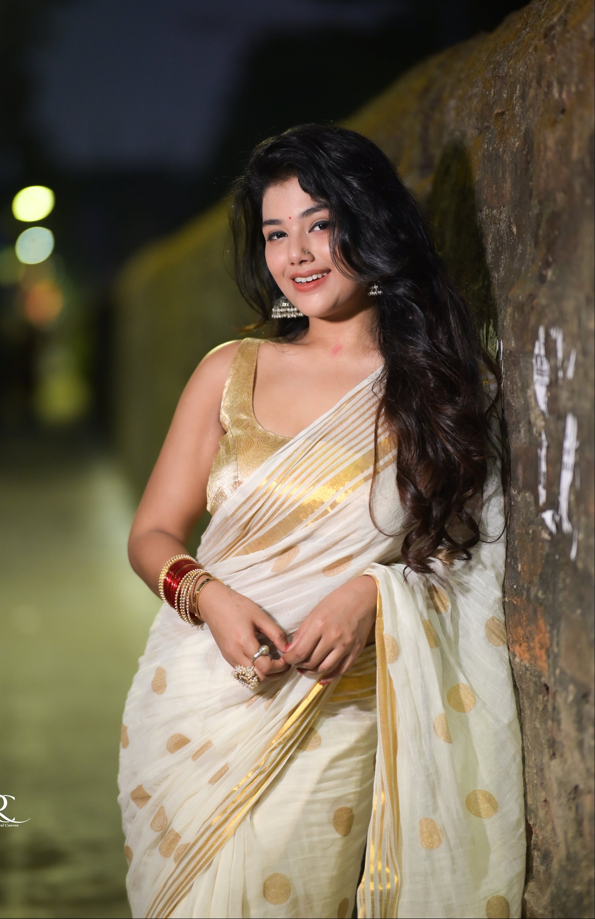 Polka Passion | Sandal Ivory Mul Mul Cotton Saree with Golden Polka Dots