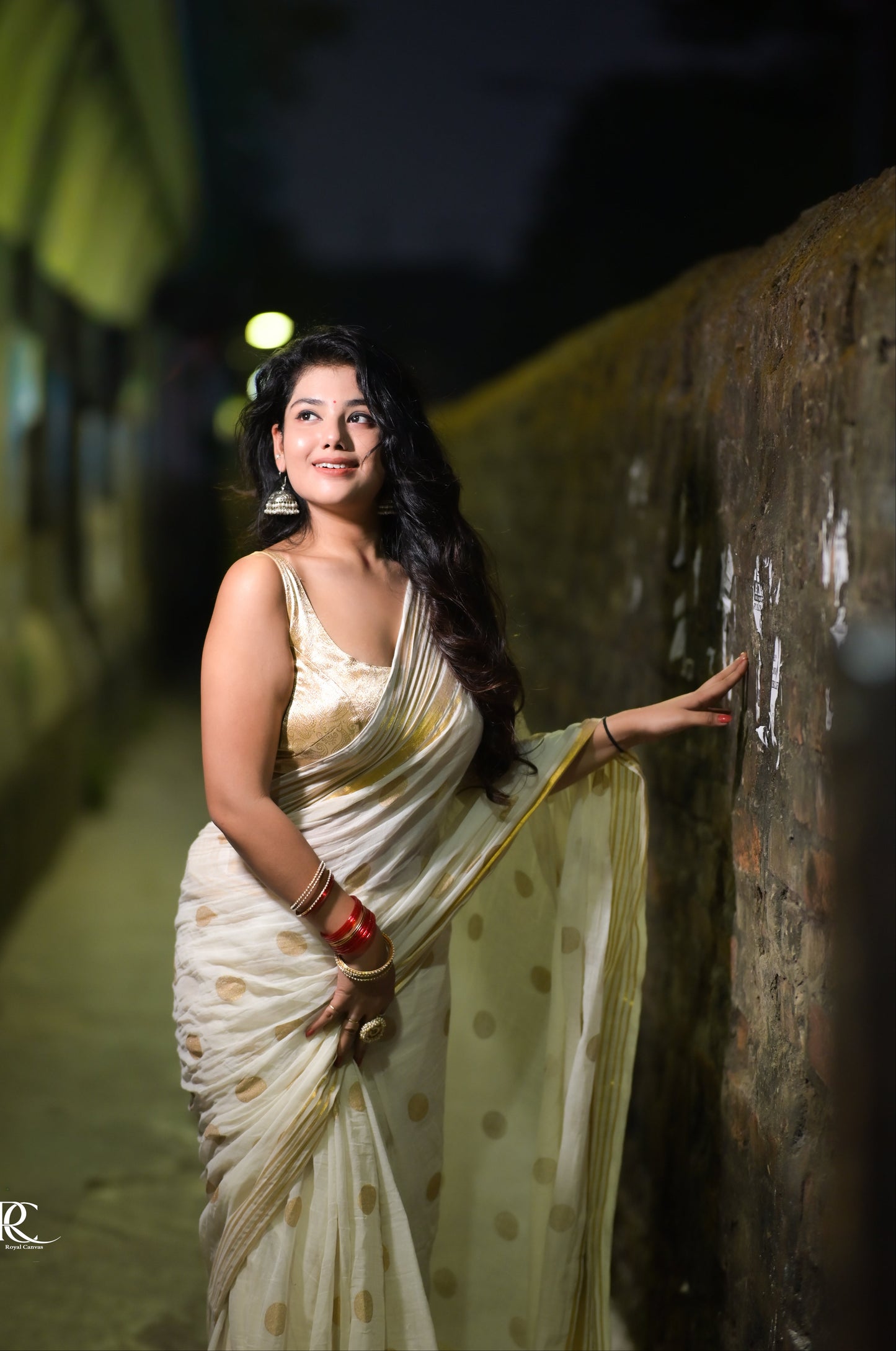 Polka Passion | Sandal Ivory Mul Mul Cotton Saree with Golden Polka Dots