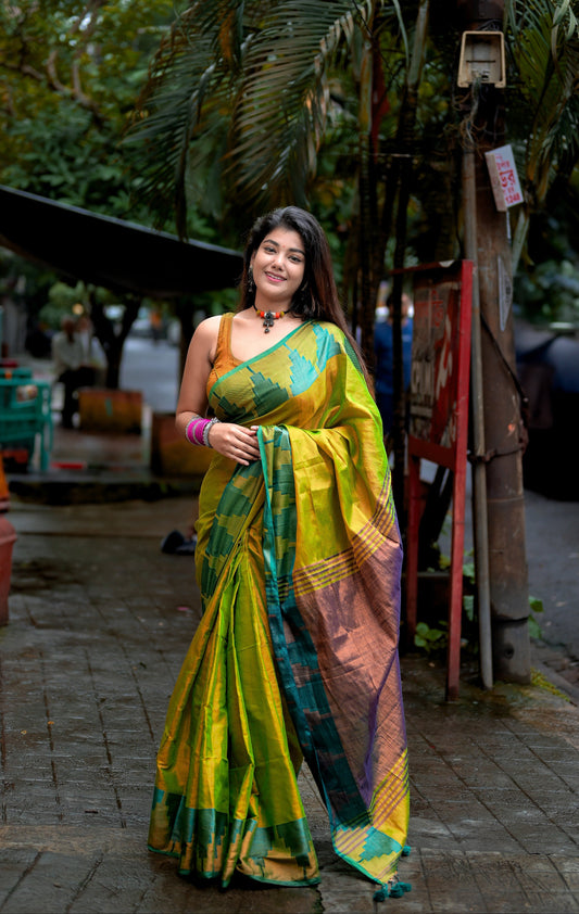 Suhani | Metallic Green Handloom Tissue Saree