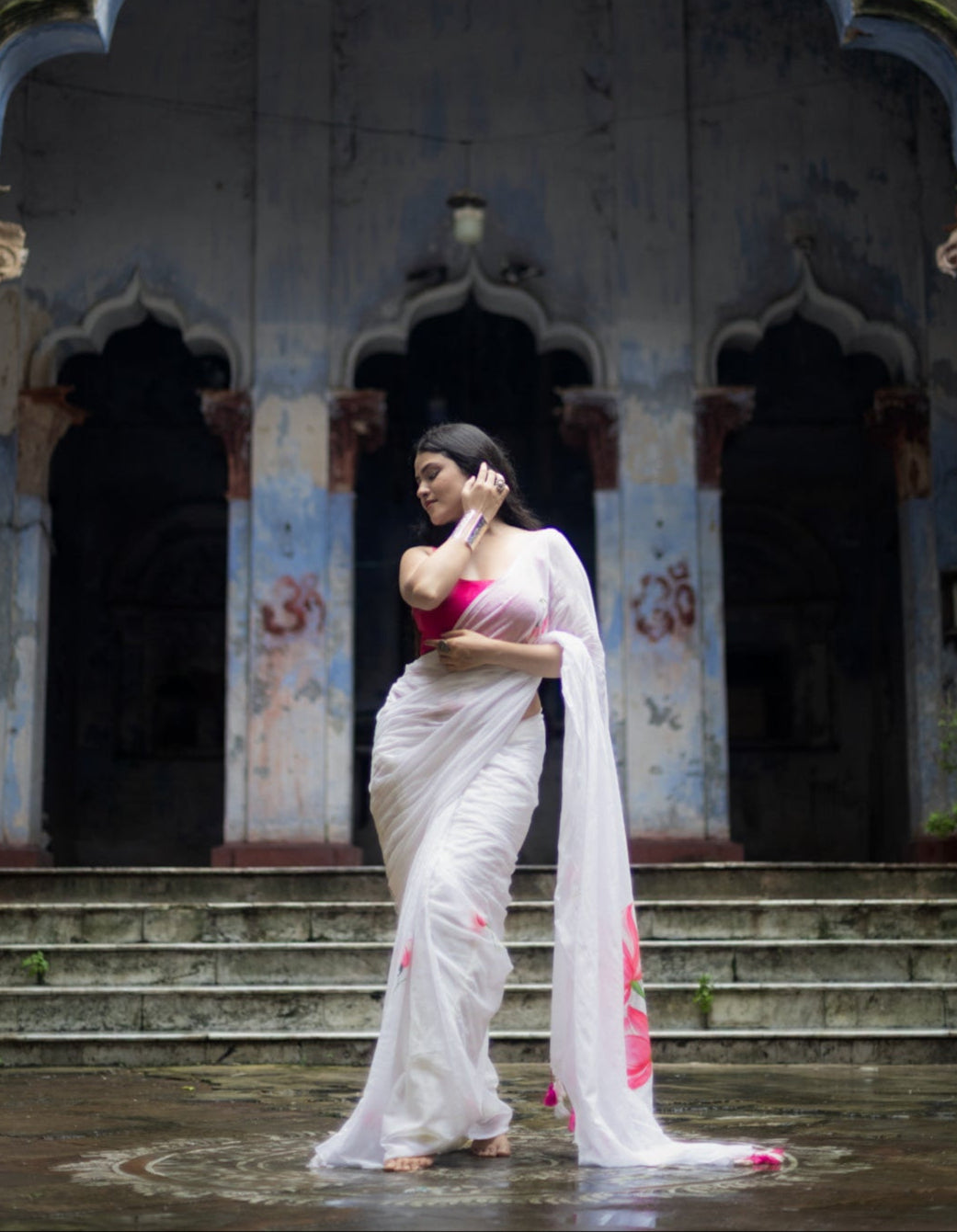 Lotus Luminance | White Mul Mul Cotton Saree