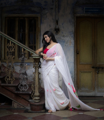 Lotus Luminance | White Mul Mul Cotton Saree