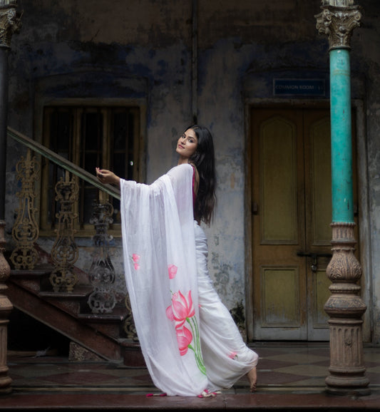 Lotus Luminance | White Mul Mul Cotton Saree