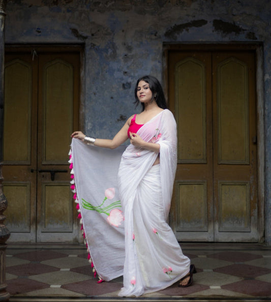 Lotus Luminance | White Mul Mul Cotton Saree