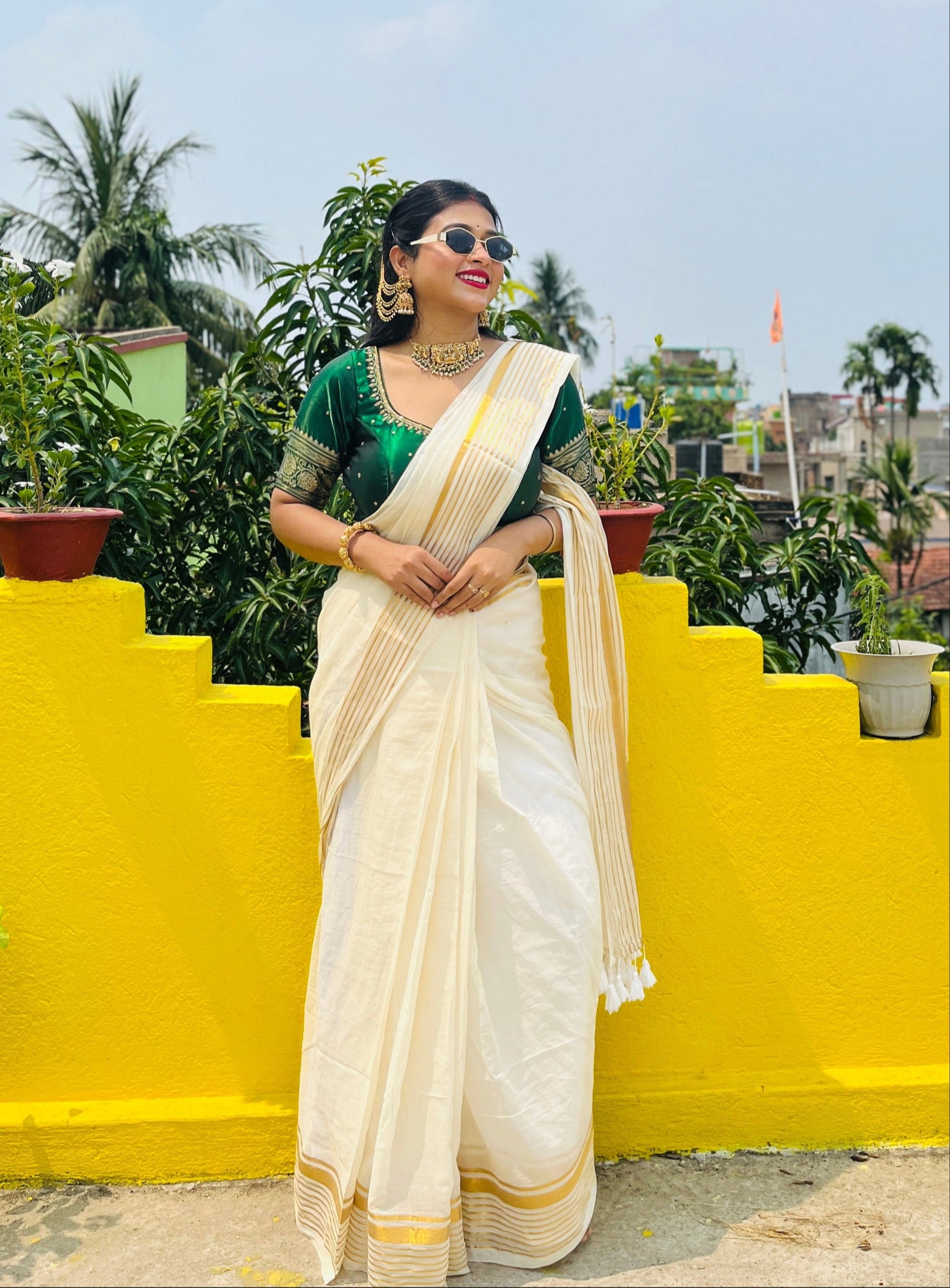 Noor | Off White Mul Mul Cotton Saree with Golden Zari Lines