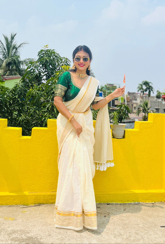 Noor | Cream Off White Mul Mul Cotton Saree with Golden Zari Lines