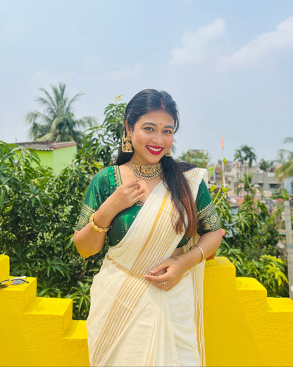 Noor | Off White Mul Mul Cotton Saree with Golden Zari Lines