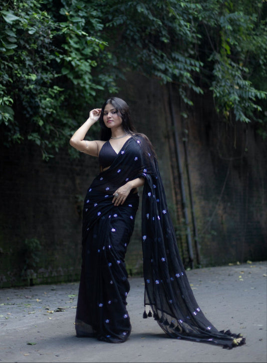 Parijat | Black Mul Mul Cotton Saree