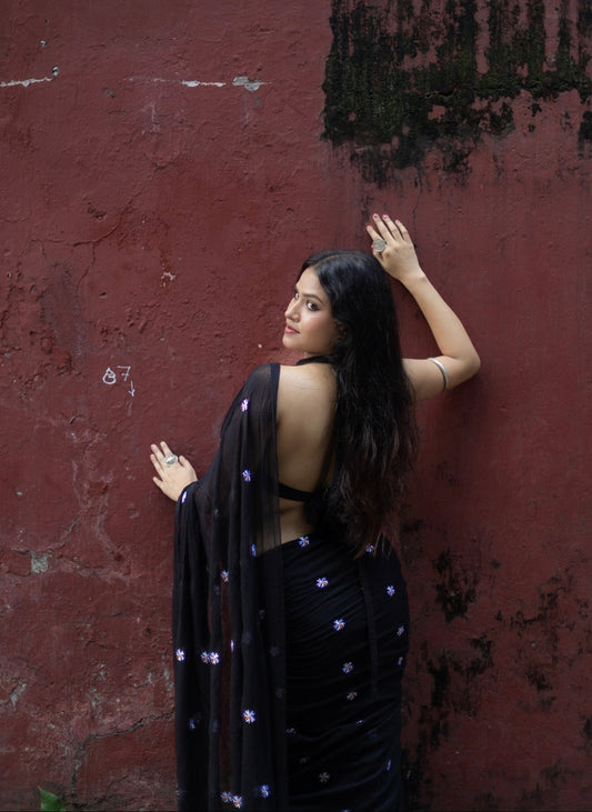 Parijat | Black Mul Mul Cotton Saree