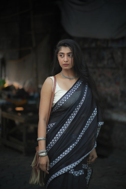 Cotton Galleria | Dark Black Handwoven Premium Cotton Saree