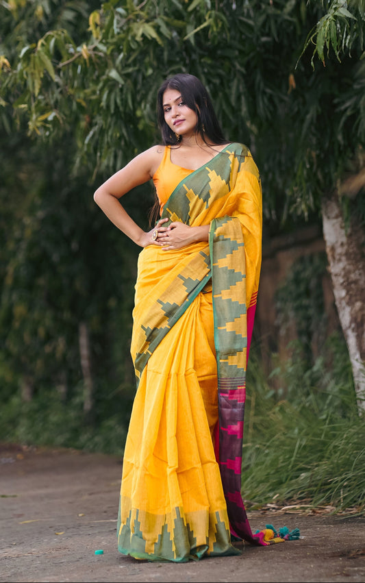 Suhani | Yellow Temple Border Handloom Tissue Saree