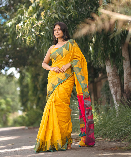 Suhani | Yellow Temple Border Handloom Tissue Saree