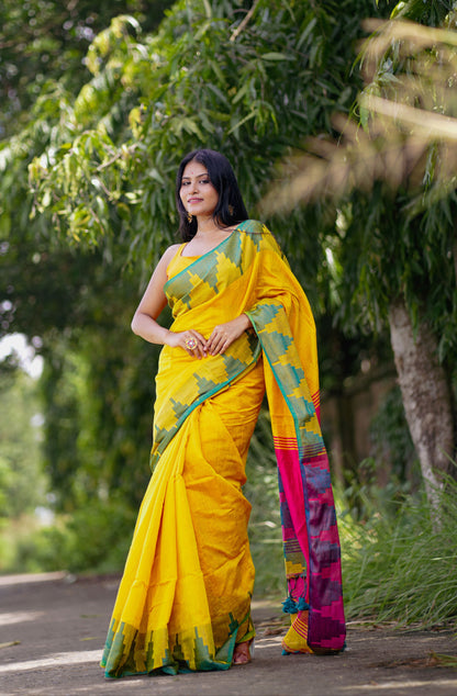 Suhani | Yellow Temple Border Handloom Tissue Saree