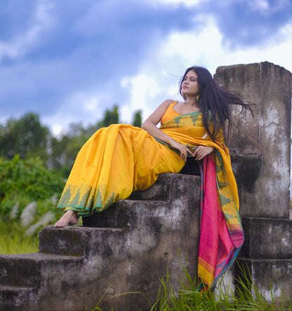 Suhani | Yellow Temple Border Handloom Tissue Saree