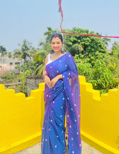 Parijat | Violet Blue Mul Mul Cotton Saree