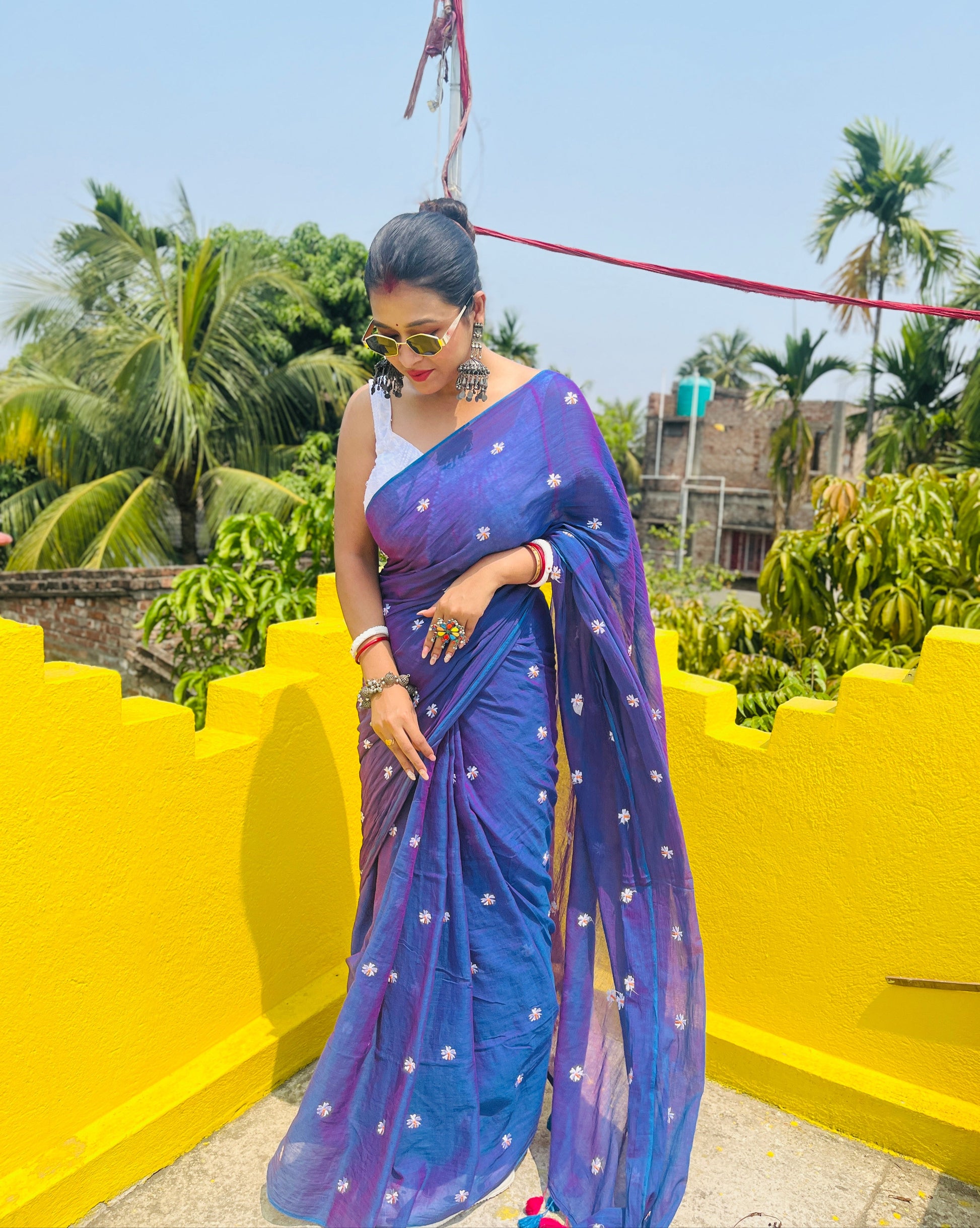 Parijat | Violet Blue Mul Mul Cotton Saree