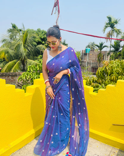 Parijat | Violet Blue Mul Mul Cotton Saree