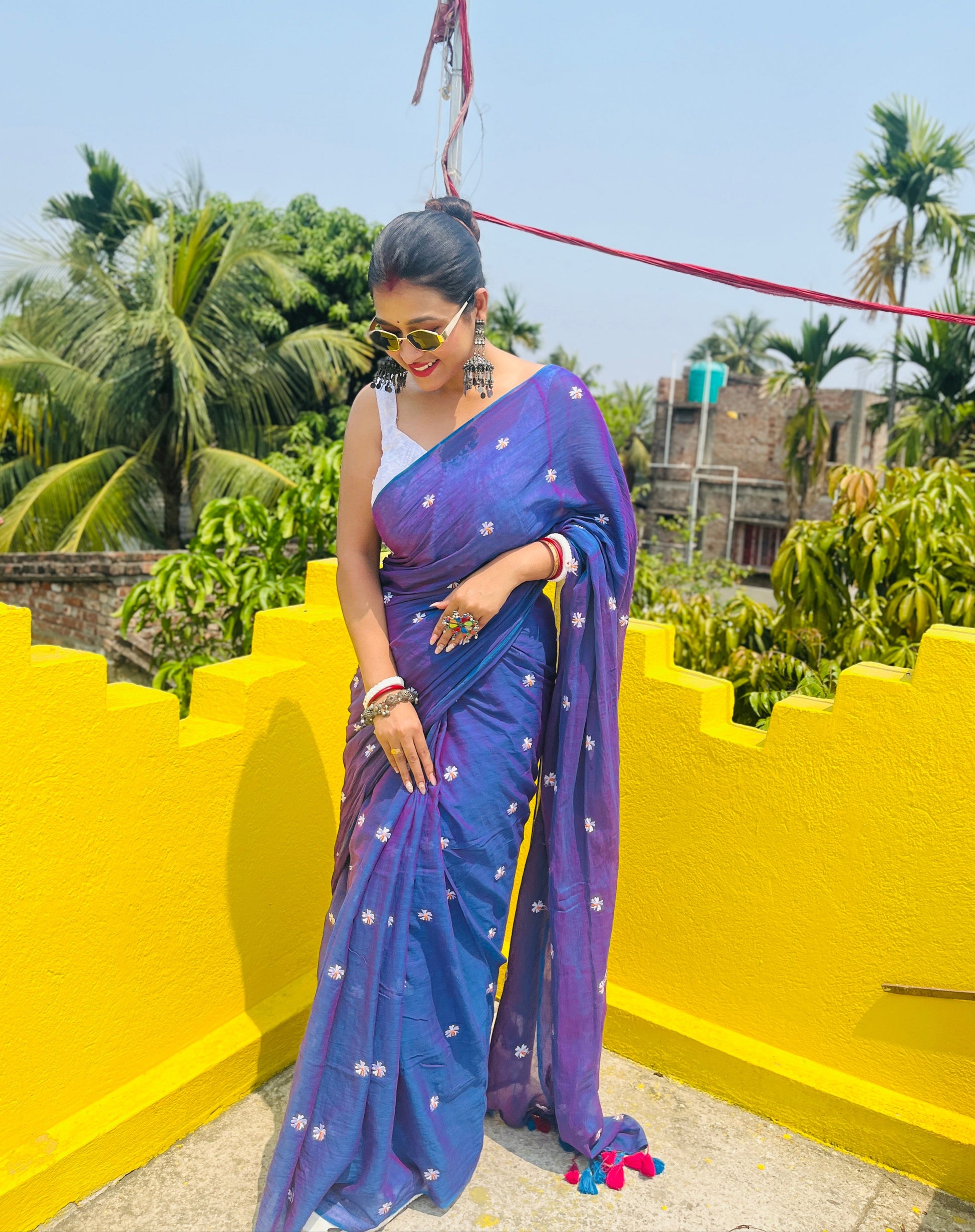 Parijat | Violet Blue Mul Mul Cotton Saree