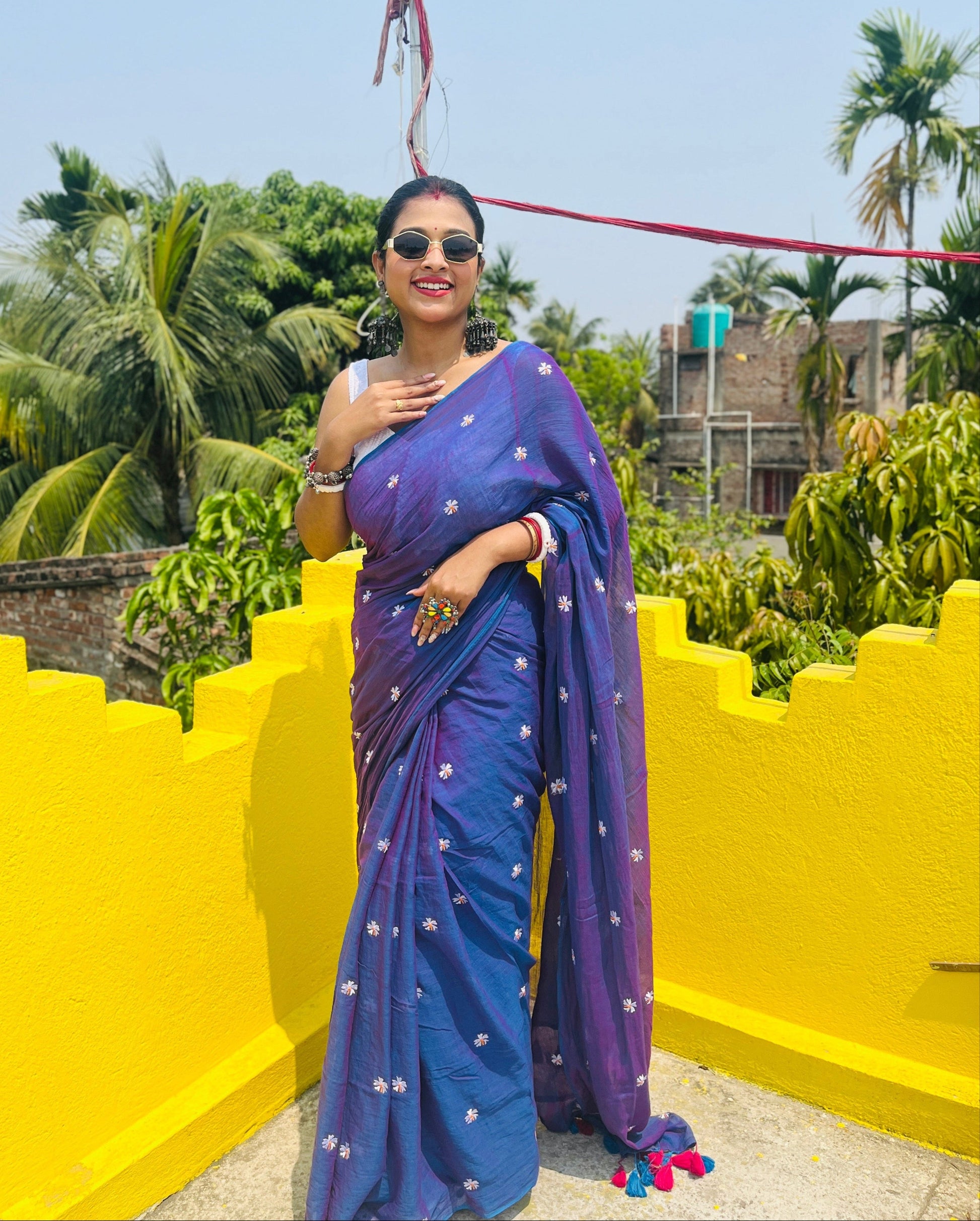 Parijat | Violet Blue Mul Mul Cotton Saree