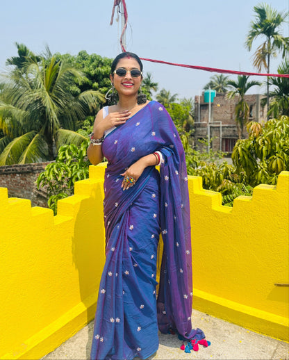 Parijat | Violet Blue Mul Mul Cotton Saree