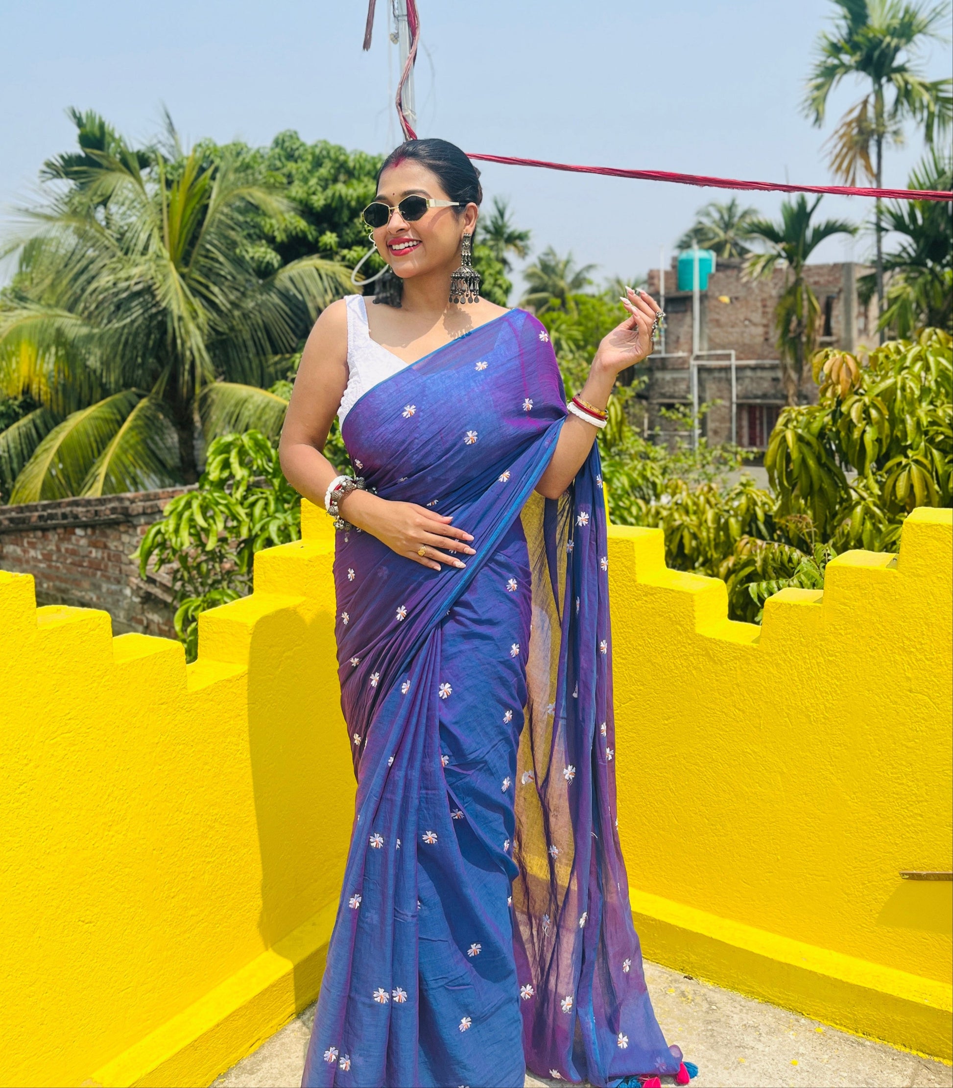 Parijat | Violet Blue Mul Mul Cotton Saree