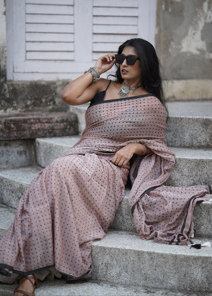 Polka Passion | Brown and Black Mul Mul Cotton Saree