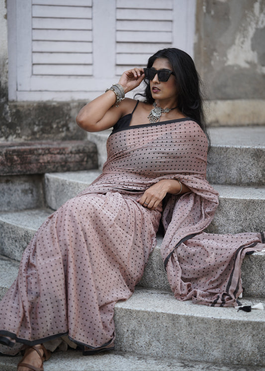 Polka Passion | Brown and Black Mul Mul Cotton Saree