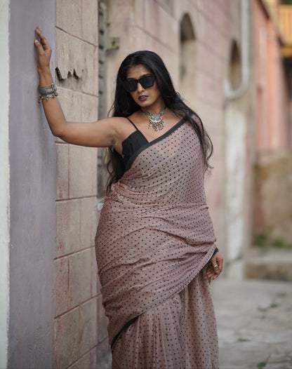 Polka Passion | Brown and Black Mul Mul Cotton Saree