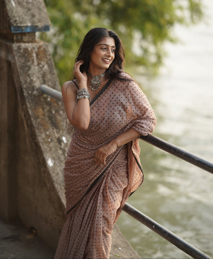 Polka Passion | Brown and Black Mul Mul Cotton Saree