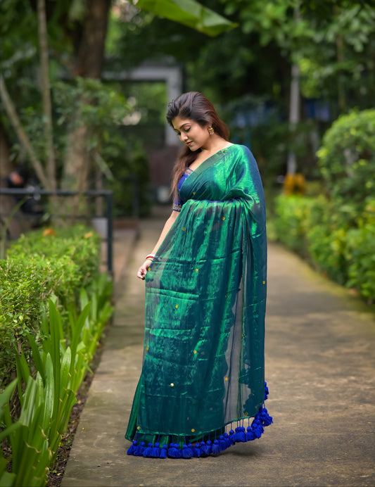 Megha | Peacock Blue Sequins Tissue Saree