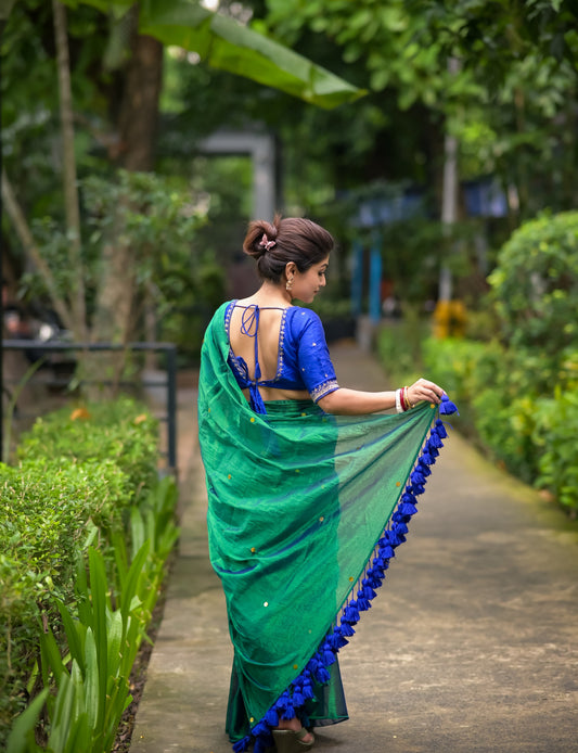 Megha | Peacock Blue Sequins Tissue Saree