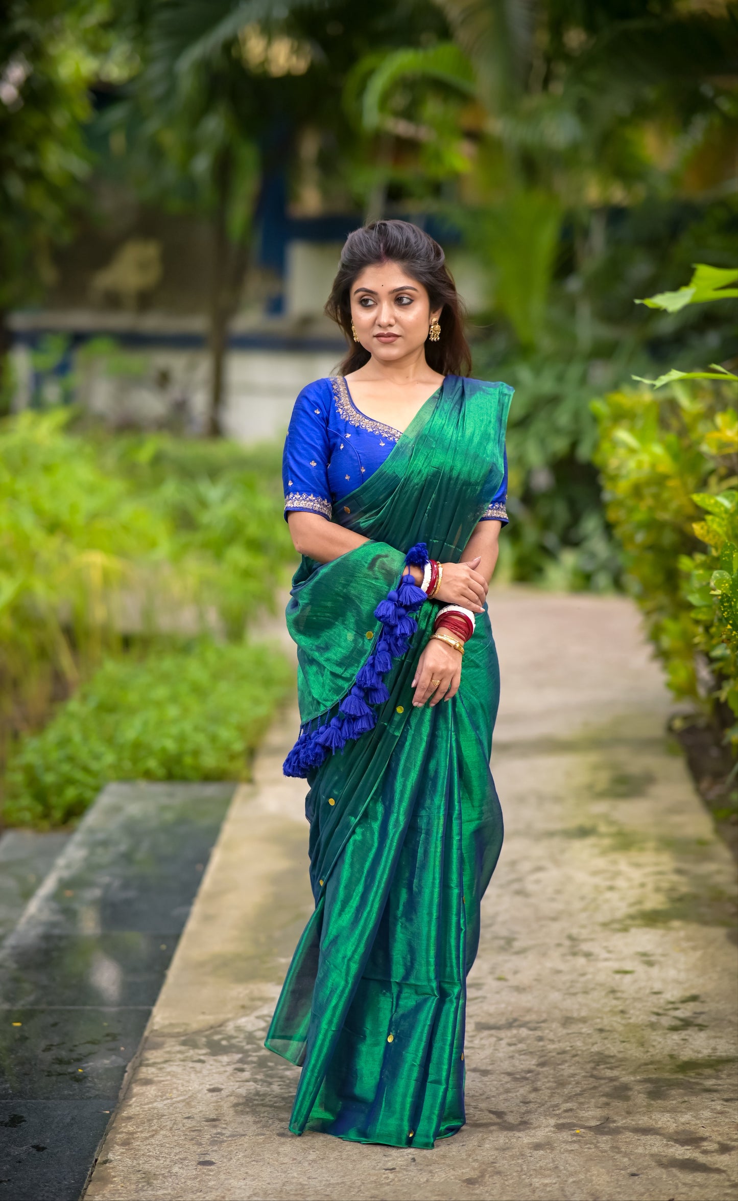 Megha | Peacock Blue Sequins Tissue Saree