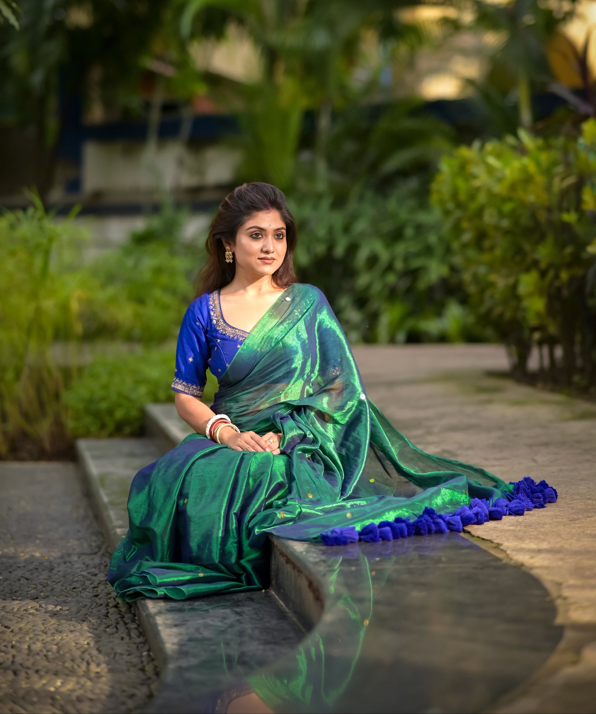 Megha | Peacock Blue Sequins Tissue Saree
