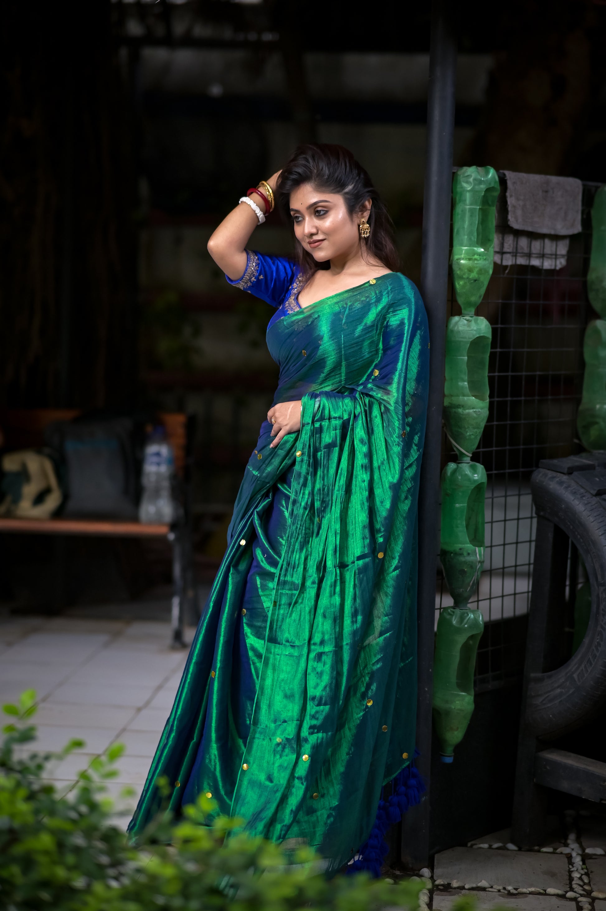 Megha | Peacock Blue Sequins Tissue Saree