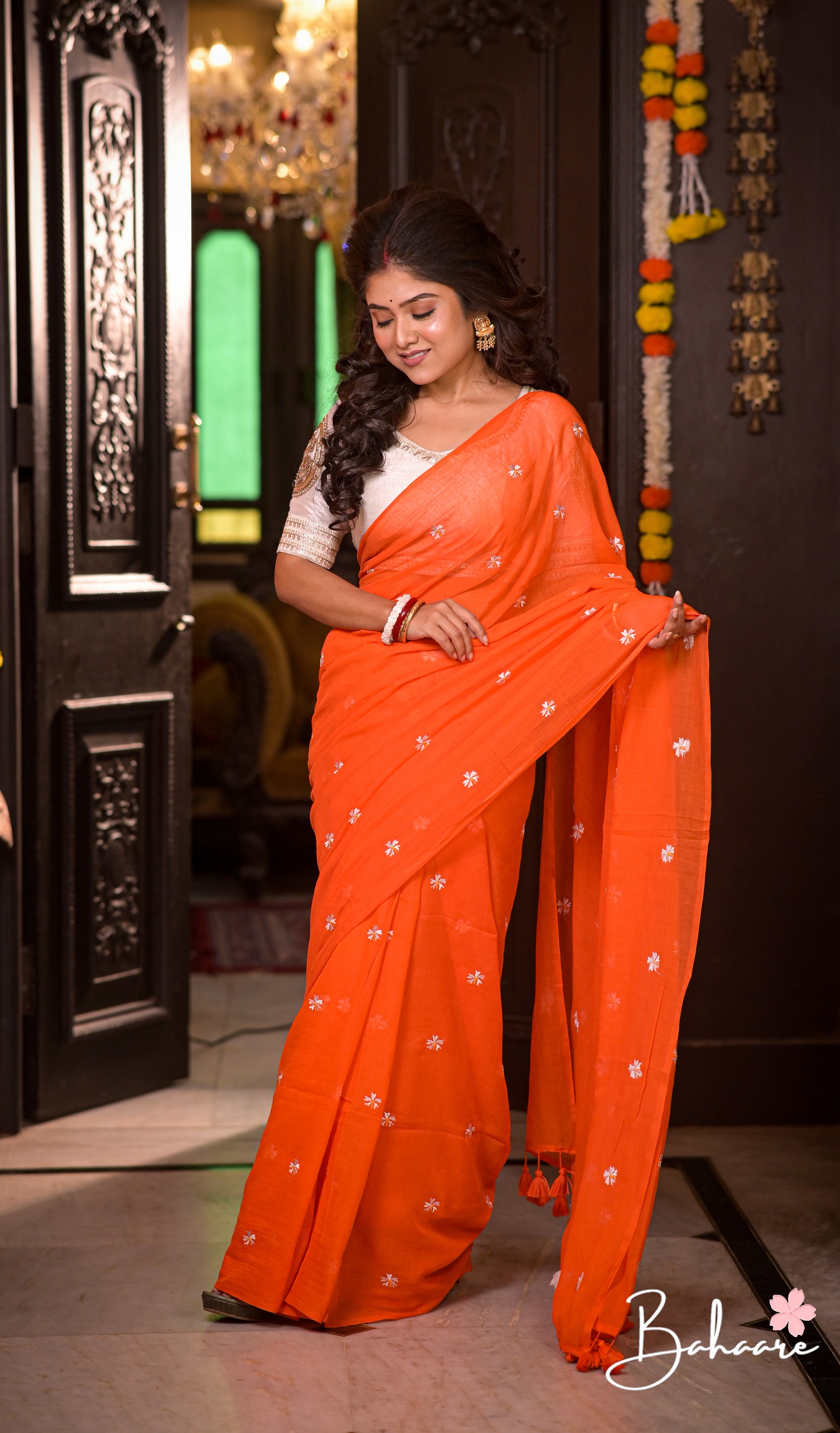 Parijat | Orange Mul Mul Cotton Saree