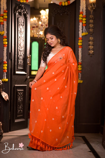 Parijat | Orange Mul Mul Cotton Saree