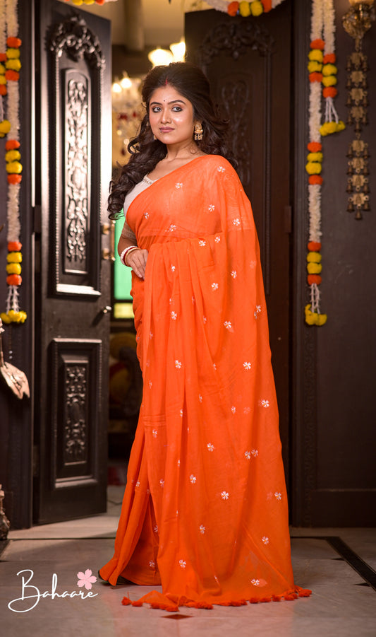 Parijat | Orange Mul Mul Cotton Saree