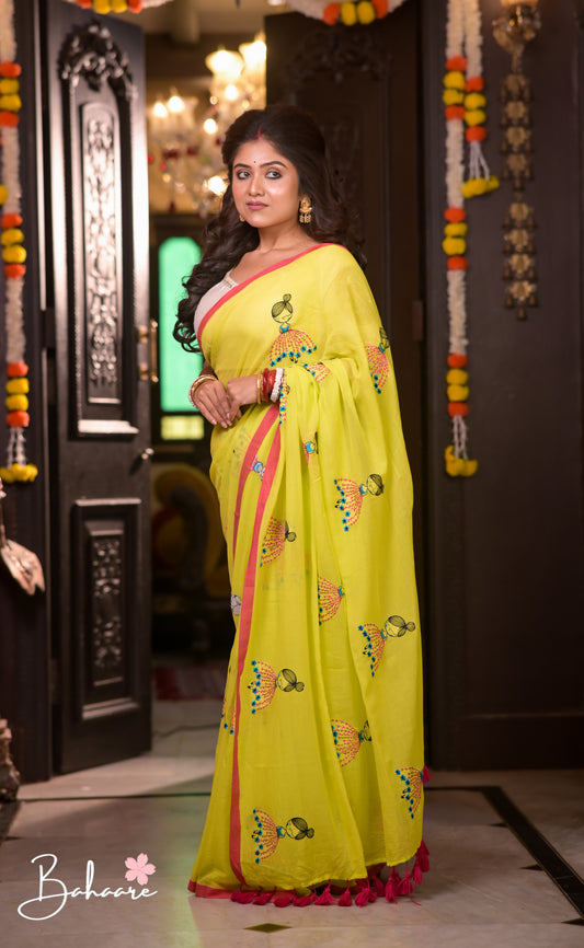 Noor | Neon Mul Mul Cotton Saree with Doll Motif